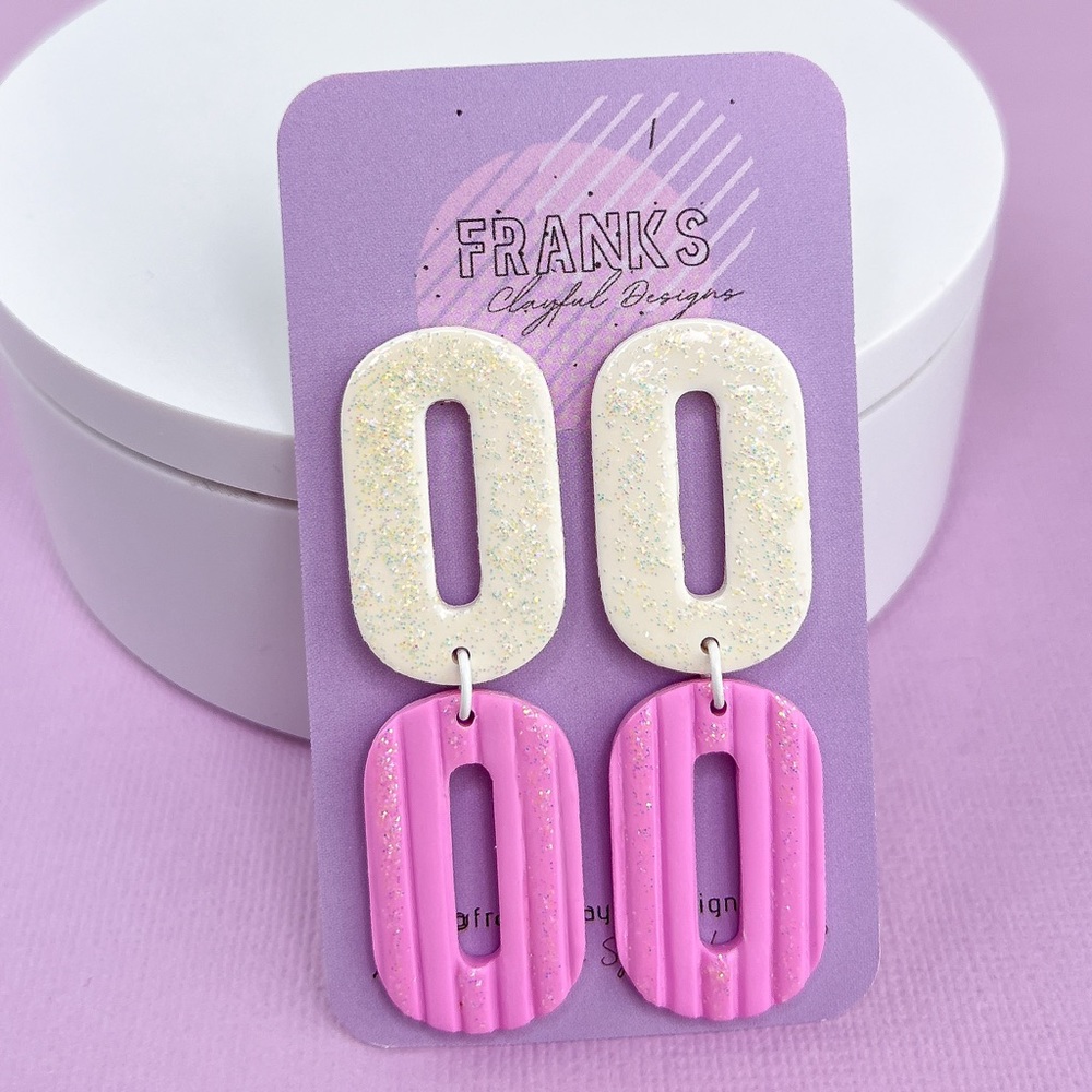 Double Oval Design Pink White Sparkle Handmade Polymer Clay Dangle Earri…